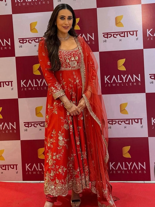 Red Embroidery Sequence Work Fox Georgette Gown With Dupatta