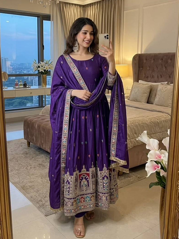 Purple Embroidery Coding Work Chinon Silk With Dupatta