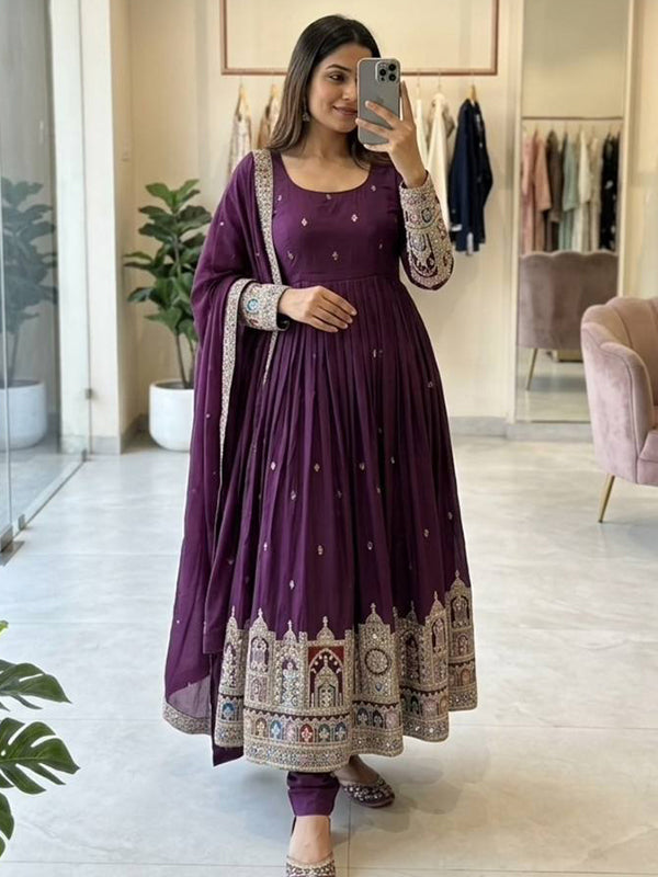 Wine Embroidery Coding Work Chinon Silk With Dupatta