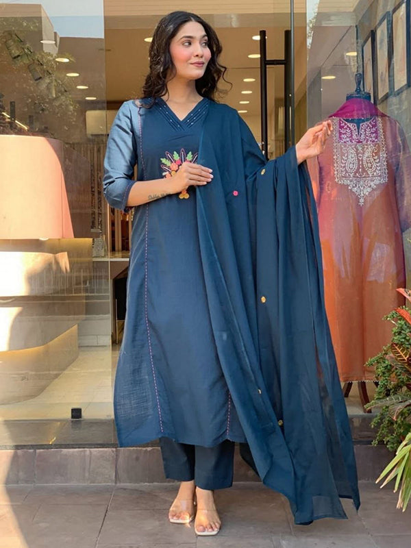 Blue Embroidered Work Rayon Kurti Pant With Chanderi Dupatta