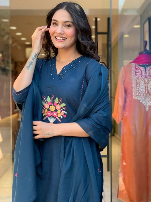 Blue Embroidered Work Rayon Kurti Pant With Chanderi Dupatta