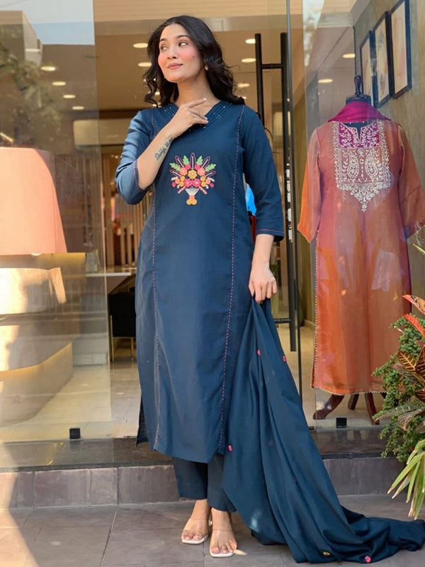 Blue Embroidered Work Rayon Kurti Pant With Chanderi Dupatta