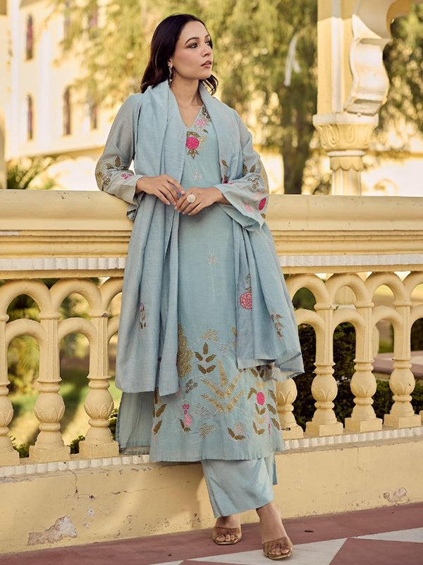 Grey Embroidered Work Chanderi Silk Kurti Pant With Dupatta