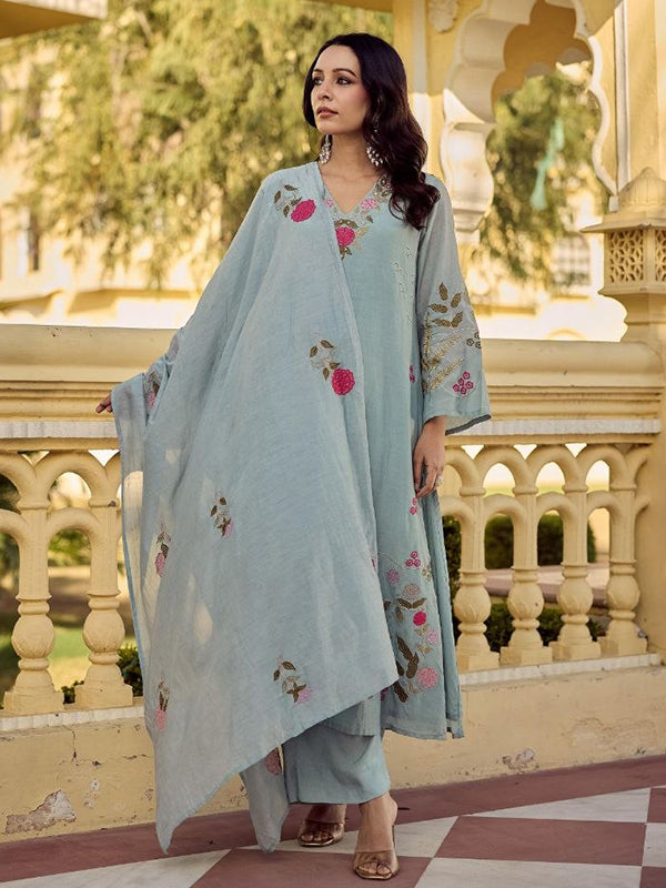 Grey Embroidered Work Chanderi Silk Kurti Pant With Dupatta