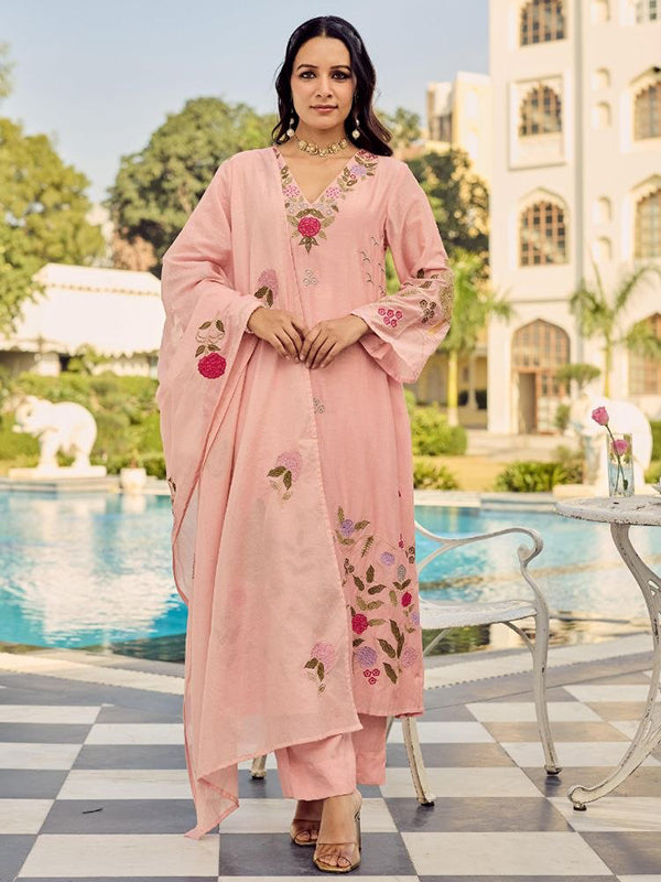 Peach Embroidered Work Chanderi Silk Kurti Pant With Dupatta