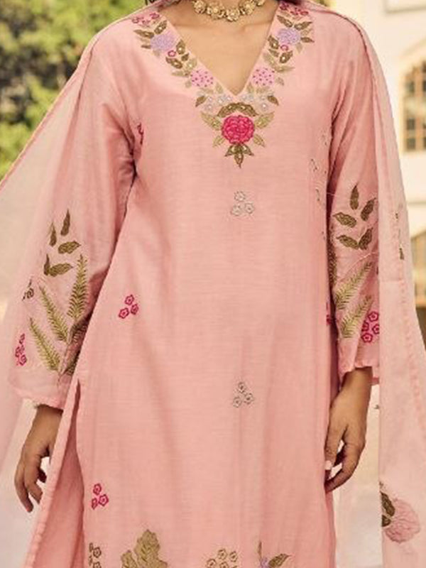 Peach Embroidered Work Chanderi Silk Kurti Pant With Dupatta