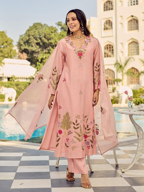 Peach Embroidered Work Chanderi Silk Kurti Pant With Dupatta