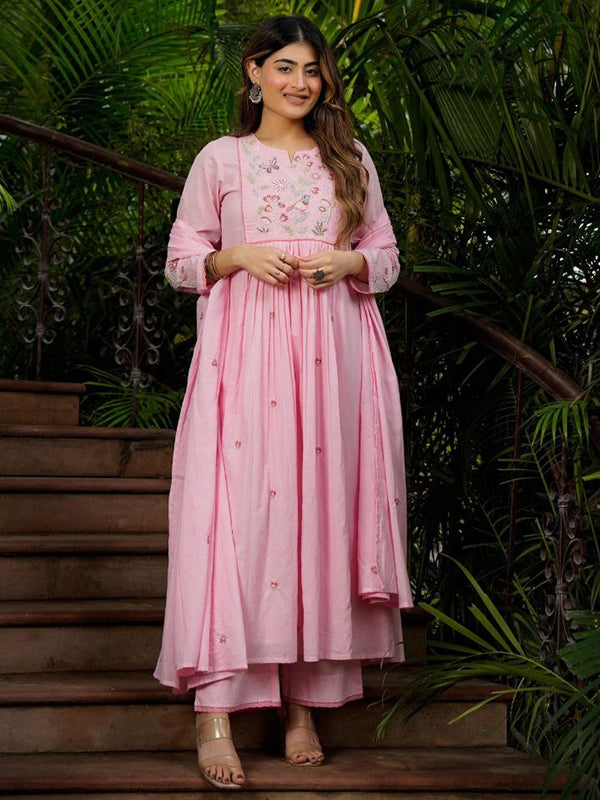 Pink Embroidery Work Chanderi Silk Kurti Pant With Dupatta
