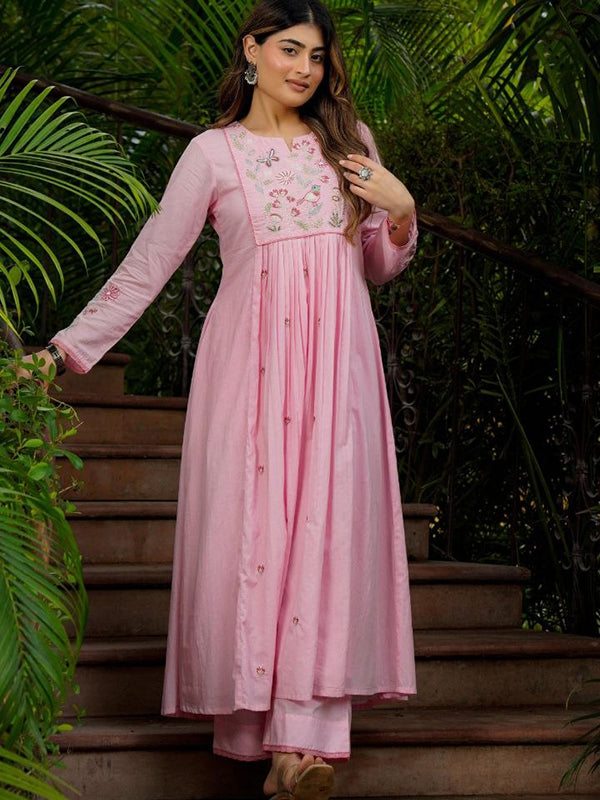 Pink Embroidery Work Chanderi Silk Kurti Pant With Dupatta