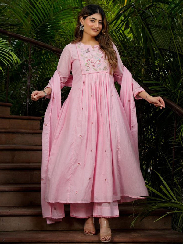 Pink Embroidery Work Chanderi Silk Kurti Pant With Dupatta