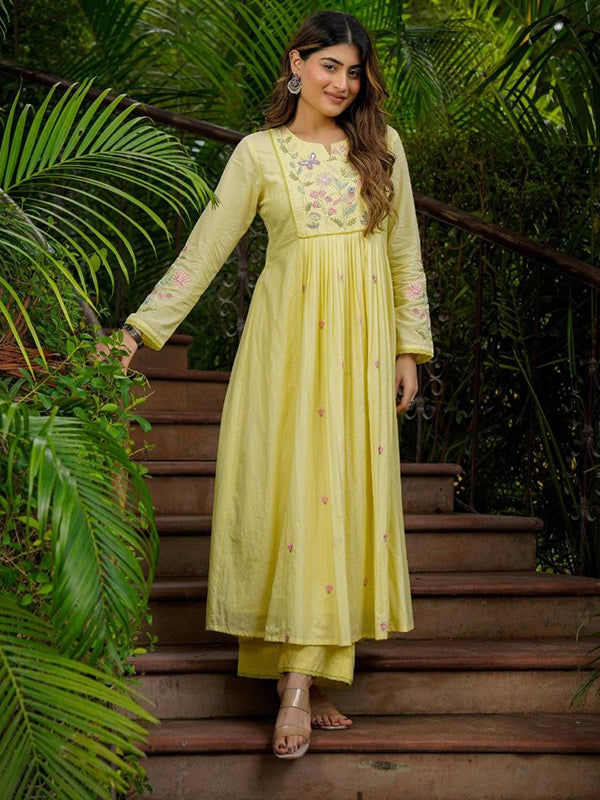 Yellow Embroidery Work Chanderi Silk Kurti Pant With Dupatta