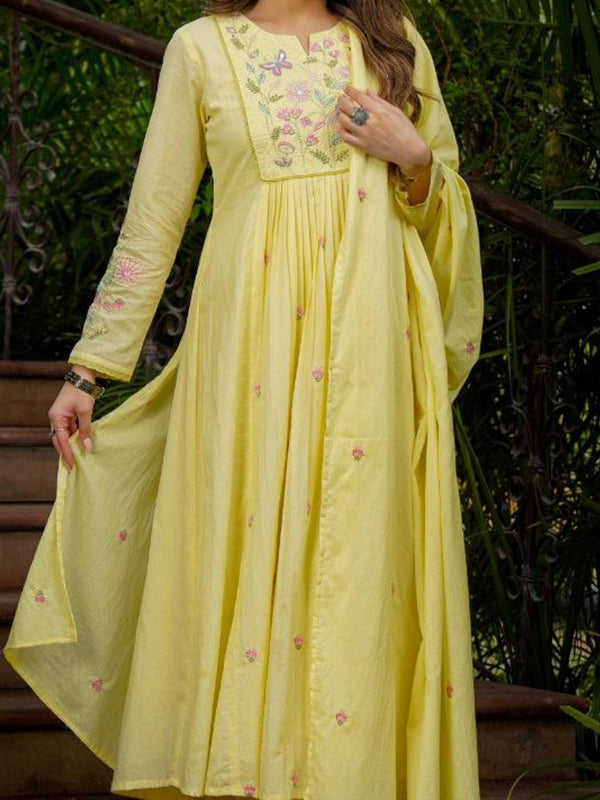 Yellow Embroidery Work Chanderi Silk Kurti Pant With Dupatta