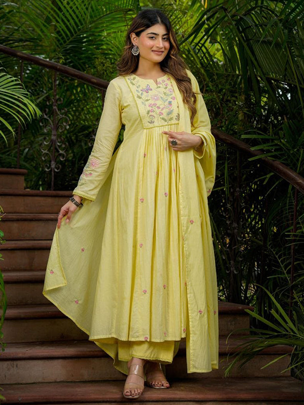 Yellow Embroidery Work Chanderi Silk Kurti Pant With Dupatta