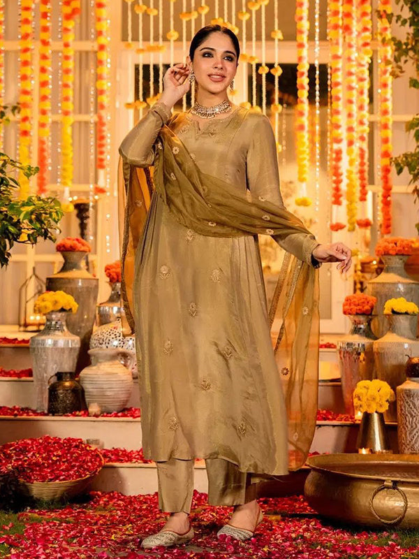 Golden Embroidery Work Simmar Chanderi Silk Kurti Pant With Dupatta