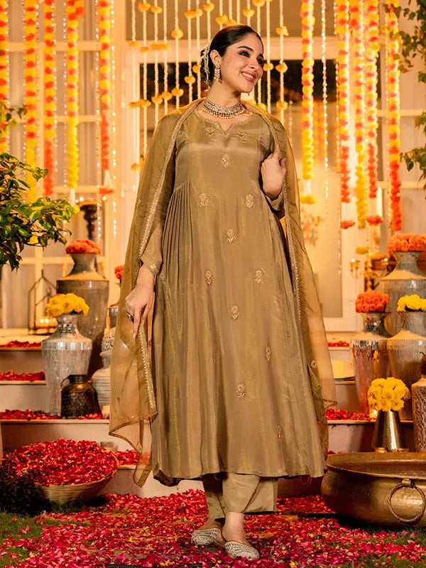 Golden Embroidery Work Simmar Chanderi Silk Kurti Pant With Dupatta