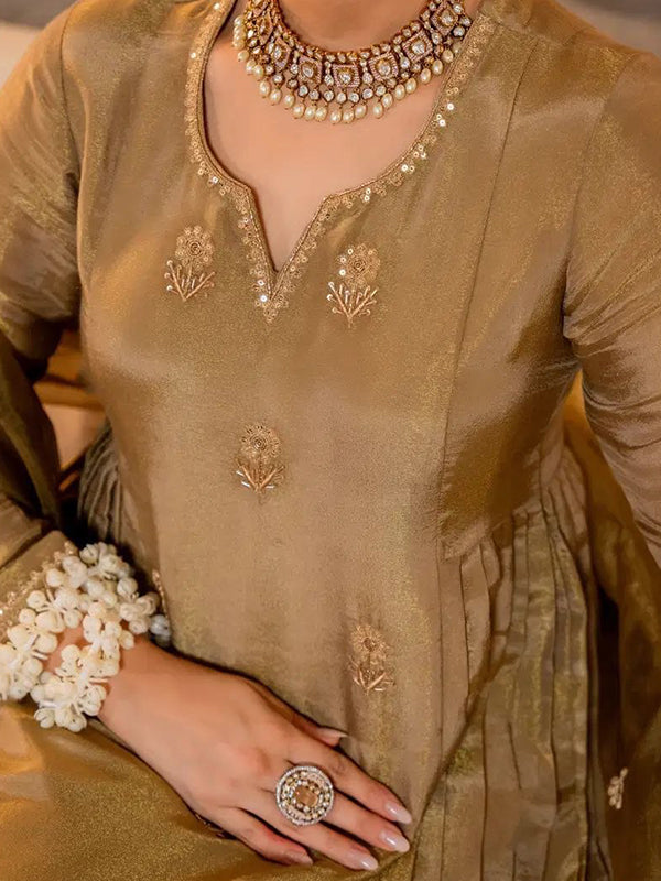 Golden Embroidery Work Simmar Chanderi Silk Kurti Pant With Dupatta