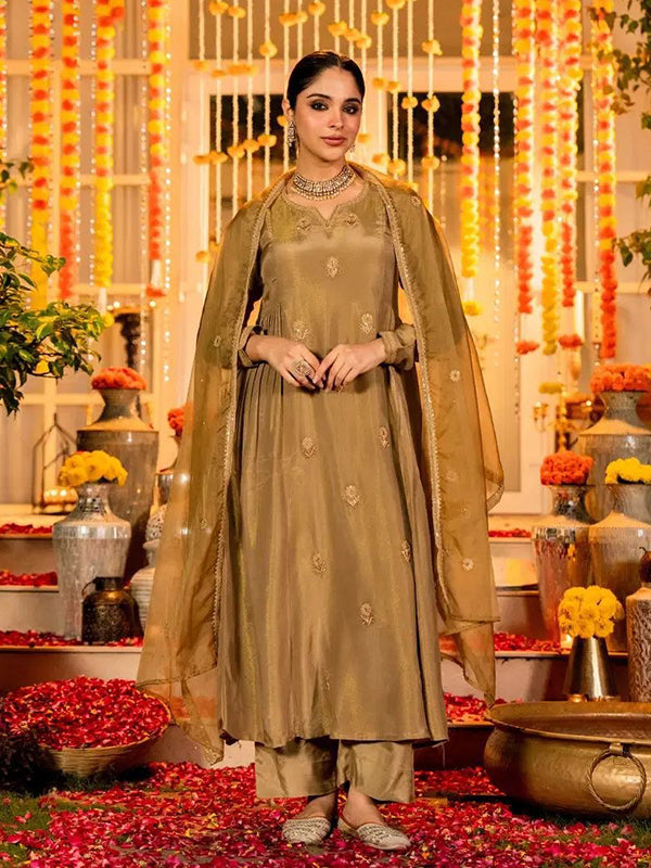 Golden Embroidery Work Simmar Chanderi Silk Kurti Pant With Dupatta