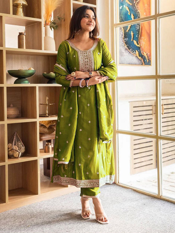 Green Embroidery Work Vichitra Silk Anarkali Kurti Pant With Dupatta