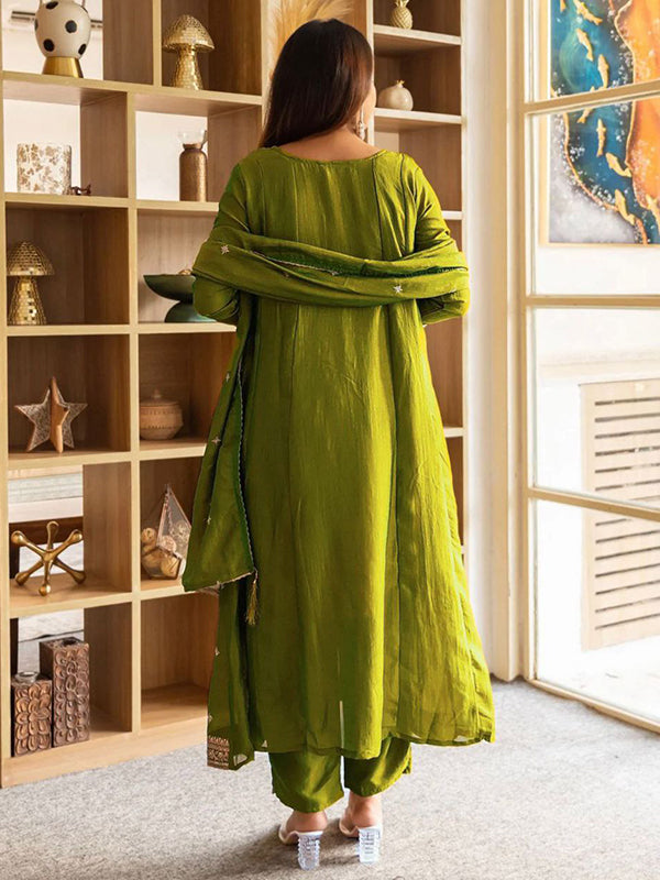 Green Embroidery Work Vichitra Silk Anarkali Kurti Pant With Dupatta