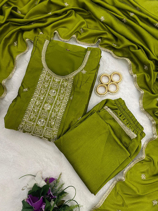 Green Embroidery Work Vichitra Silk Anarkali Kurti Pant With Dupatta