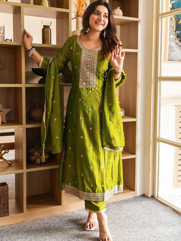 Green Embroidery Work Vichitra Silk Anarkali Kurti Pant With Dupatta