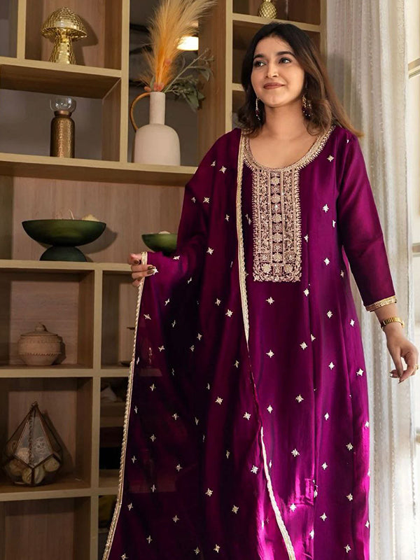 Wine Embroidery Work Vichitra Silk Anarkali Kurti Pant With Dupatta