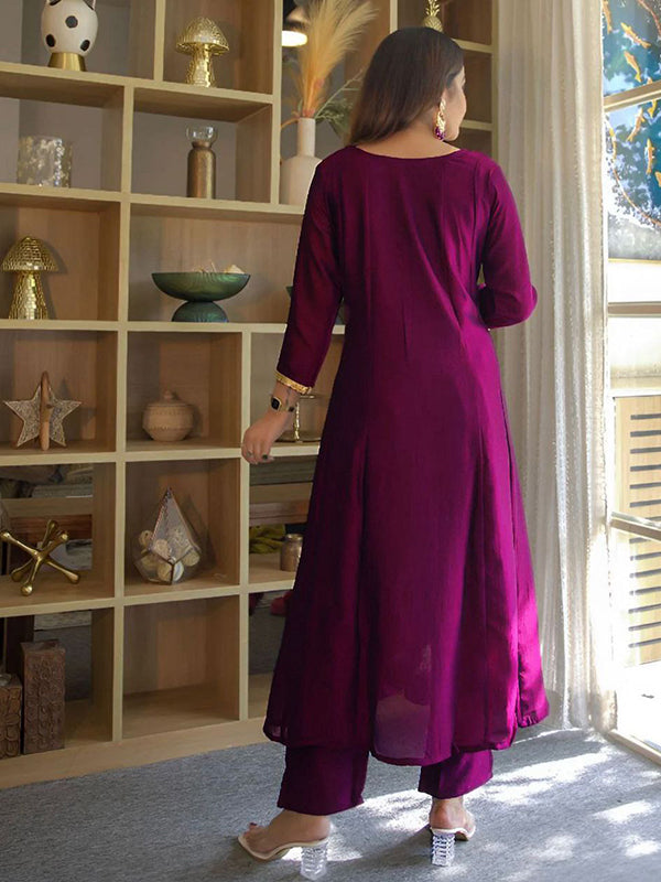 Wine Embroidery Work Vichitra Silk Anarkali Kurti Pant With Dupatta