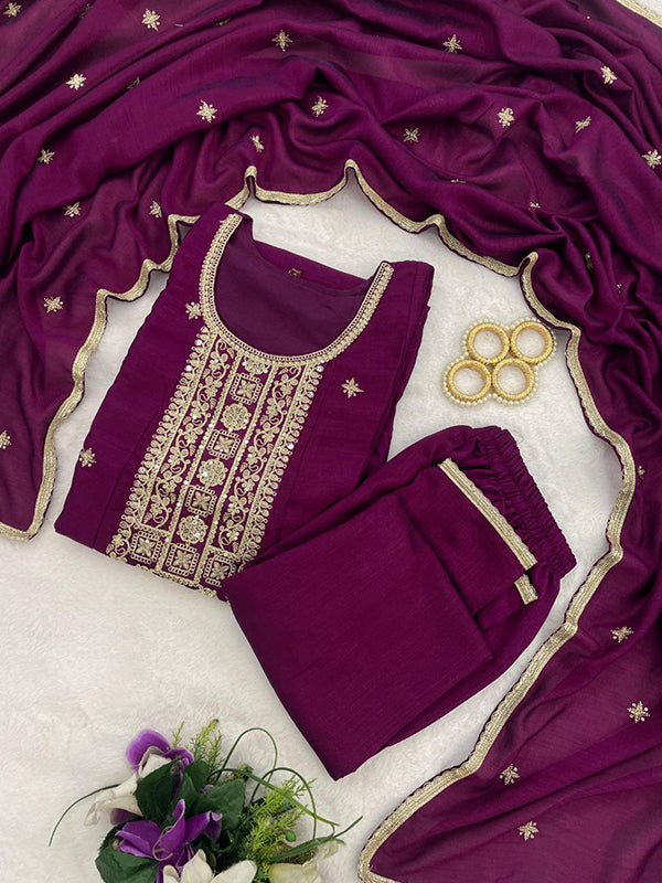 Wine Embroidery Work Vichitra Silk Anarkali Kurti Pant With Dupatta