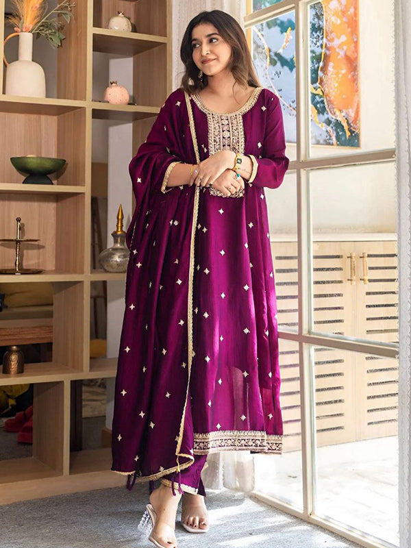 Wine Embroidery Work Vichitra Silk Anarkali Kurti Pant With Dupatta