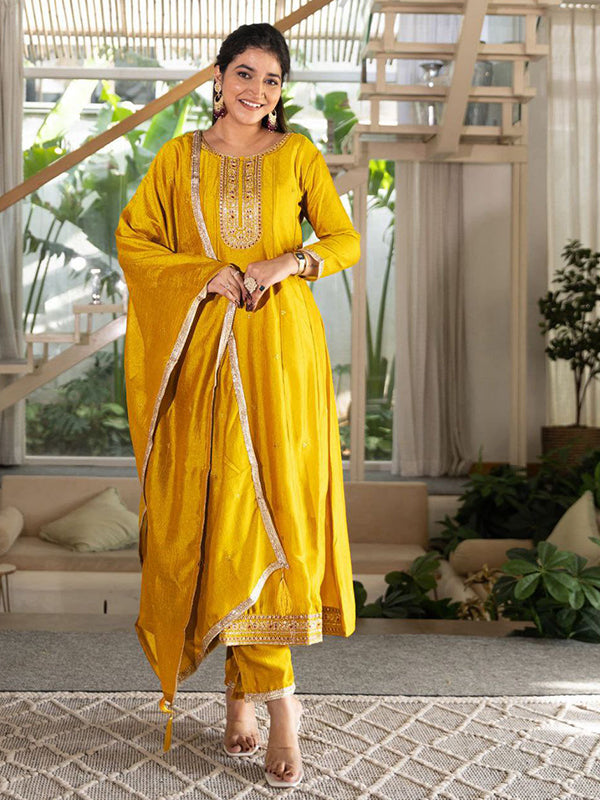 Yellow Embroidery Work Vichitra Silk Anarkali Kurti Pant With Dupatta