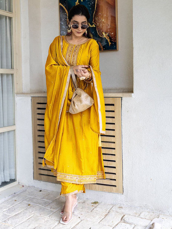 Yellow Embroidery Work Vichitra Silk Anarkali Kurti Pant With Dupatta