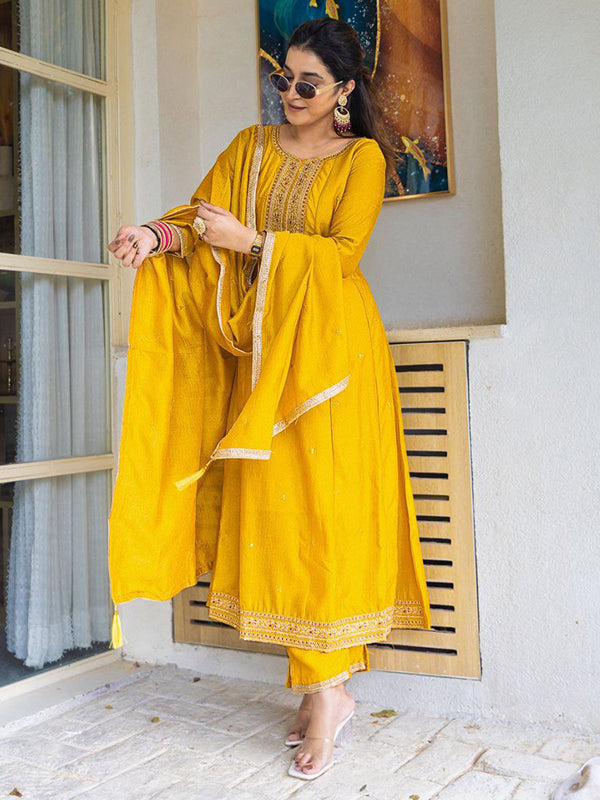 Yellow Embroidery Work Vichitra Silk Anarkali Kurti Pant With Dupatta