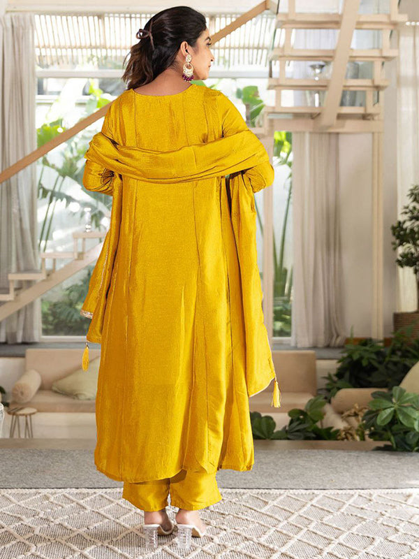 Yellow Embroidery Work Vichitra Silk Anarkali Kurti Pant With Dupatta