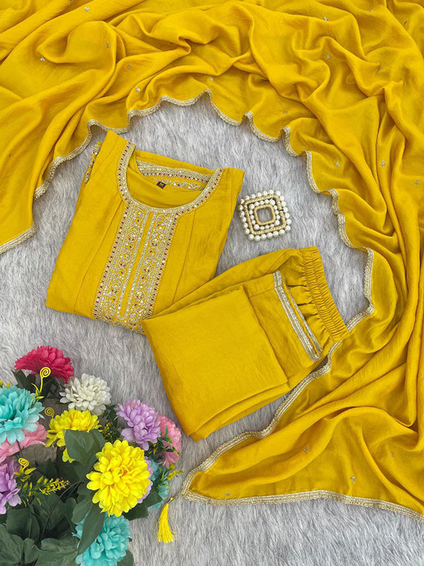 Yellow Embroidery Work Vichitra Silk Anarkali Kurti Pant With Dupatta
