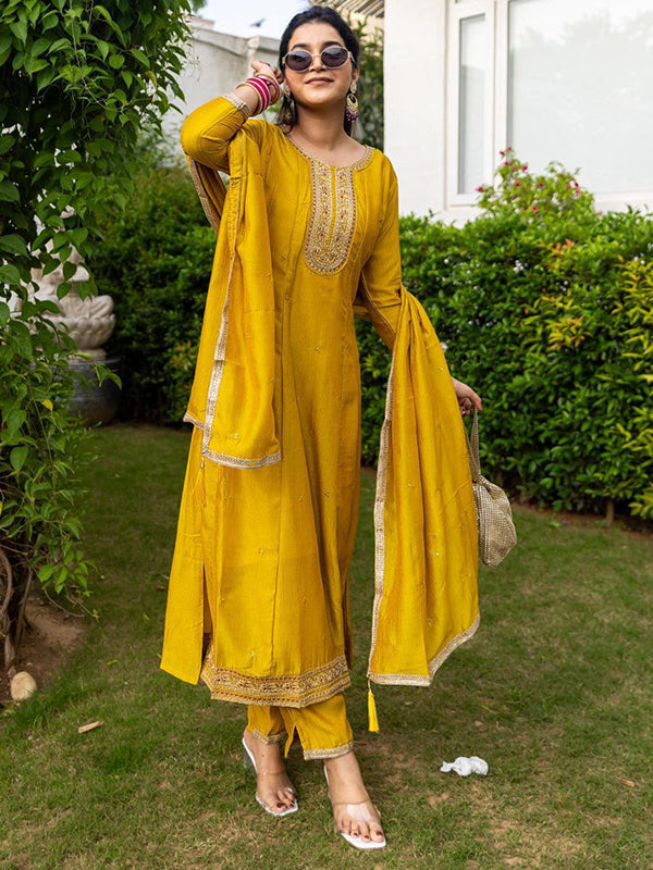 Yellow Embroidery Work Vichitra Silk Anarkali Kurti Pant With Dupatta