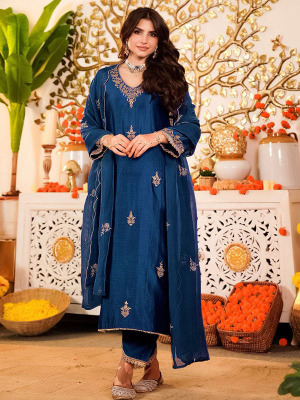 Blue Embroidery Work Vichitra Silk Kurti Pant With Dupatta