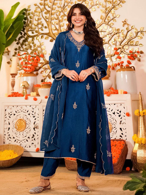 Blue Embroidery Work Vichitra Silk Kurti Pant With Dupatta