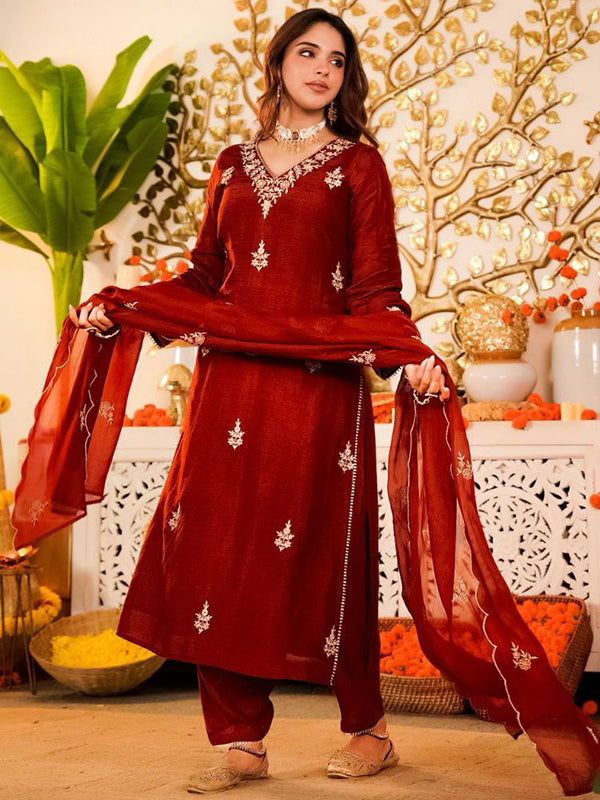 Maroon Embroidery Work Vichitra Silk Kurti Pant With Dupatta