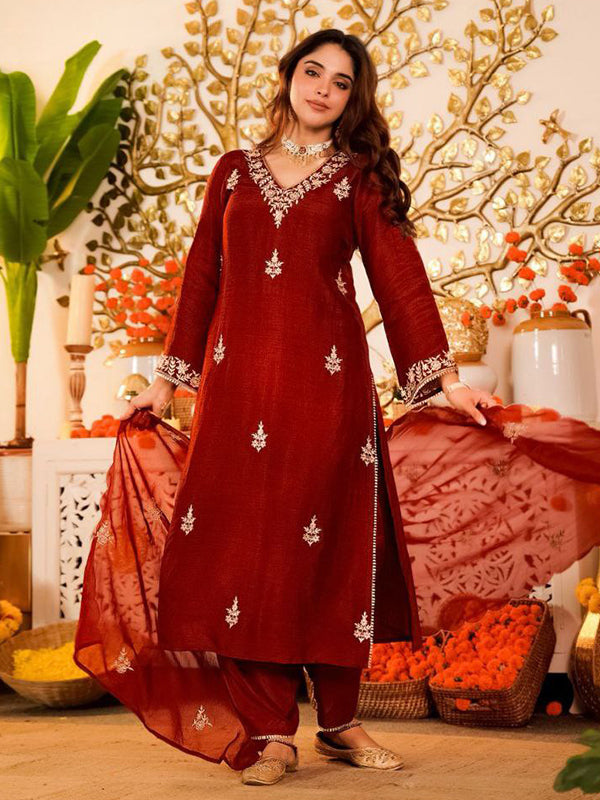 Maroon Embroidery Work Vichitra Silk Kurti Pant With Dupatta
