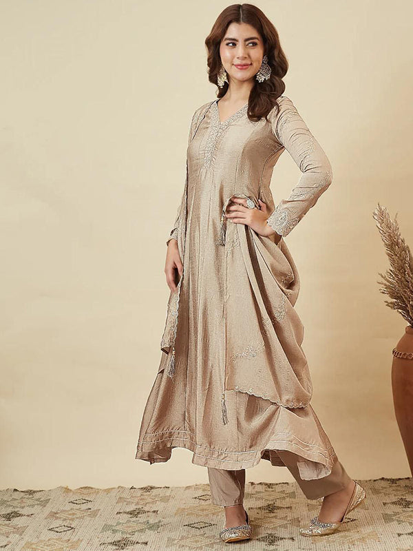 Beige Embroidery Work Vichitra Silk Anarkali Kurti Pant With Dupatta