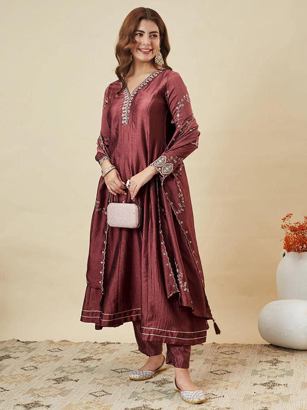 Burgundy Red Embroidery Work Vichitra Silk Anarkali Kurti Pant With Dupatta
