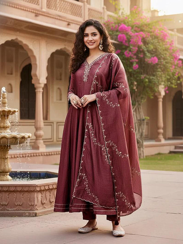 Burgundy Red Embroidery Work Vichitra Silk Anarkali Kurti Pant With Dupatta