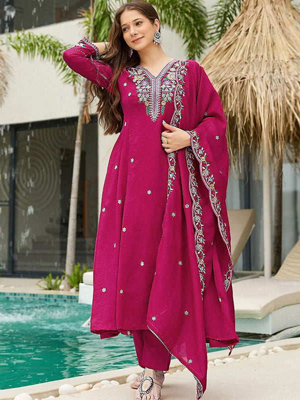 Dark Pink Embroidery Work Vichitra Silk Kurti Pant With Dupatta