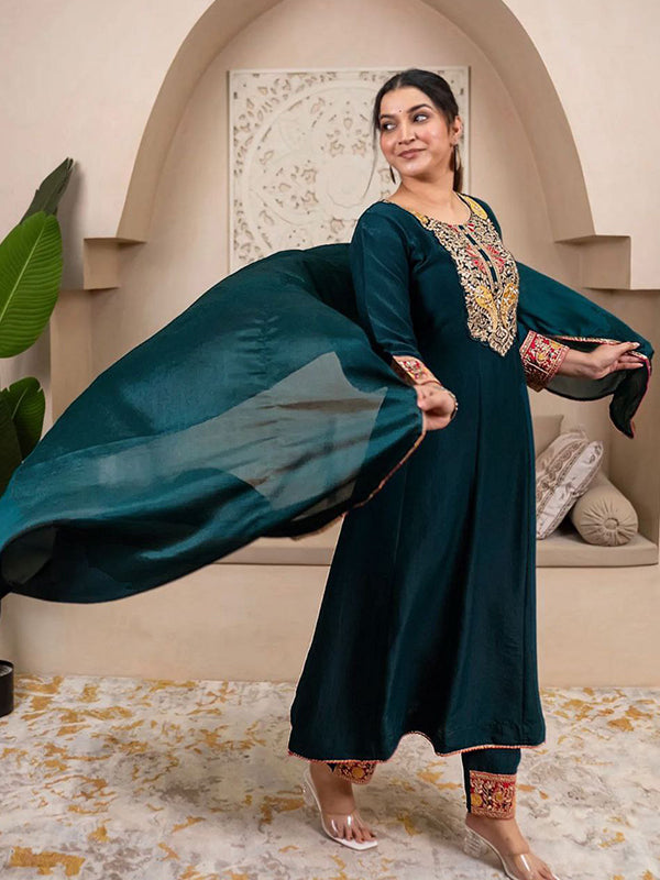 Peacock Blue Embroidery Work Vichitra Silk Kurti Pant With Dupatta