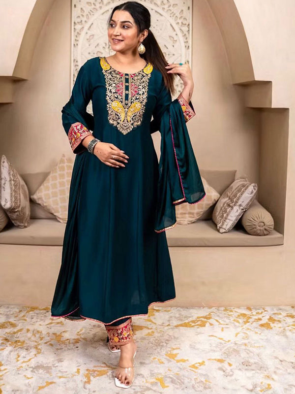 Peacock Blue Embroidery Work Vichitra Silk Kurti Pant With Dupatta