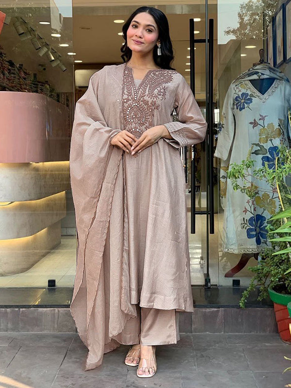 Beige Embroidery Work Muslin Cotton Kurti Pant With Dupatta