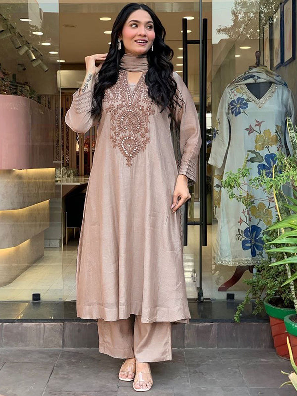 Beige Embroidery Work Muslin Cotton Kurti Pant With Dupatta