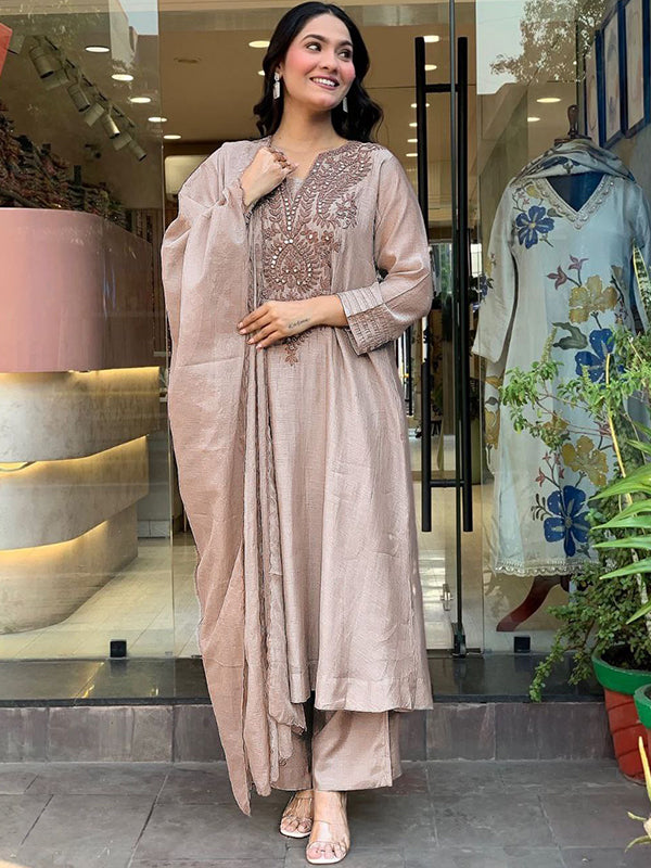 Beige Embroidery Work Muslin Cotton Kurti Pant With Dupatta