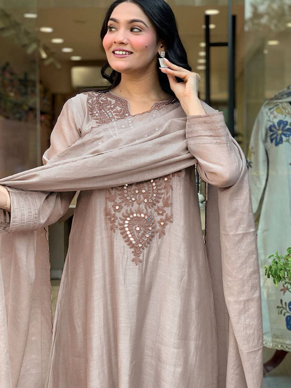 Beige Embroidery Work Muslin Cotton Kurti Pant With Dupatta