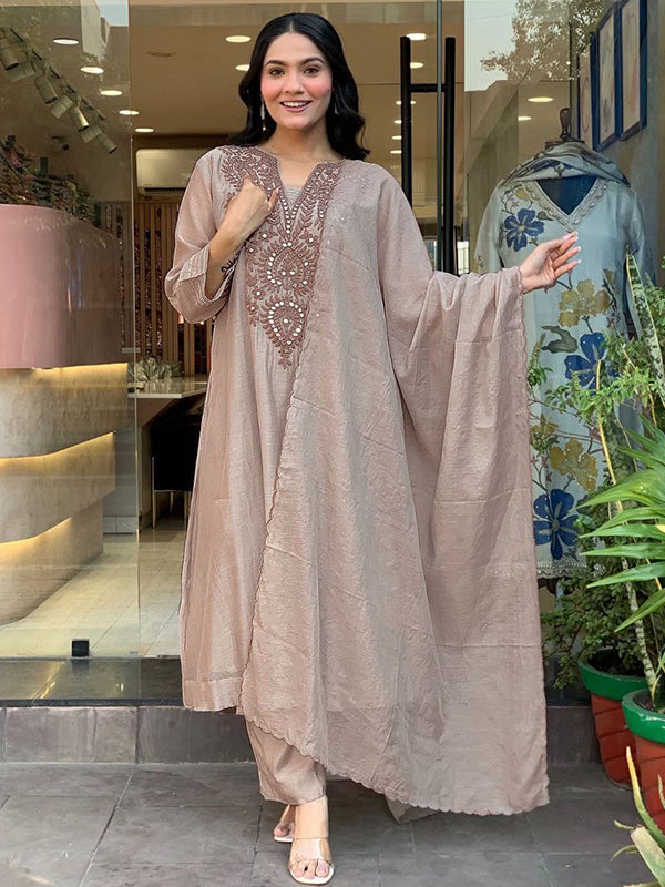 Beige Embroidery Work Muslin Cotton Kurti Pant With Dupatta